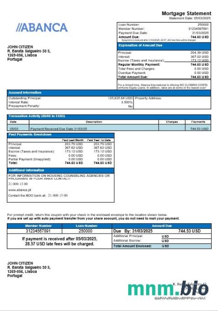 Portugalia Abanca wyciąg z kredytu hipotecznego w formatach Word i PDF